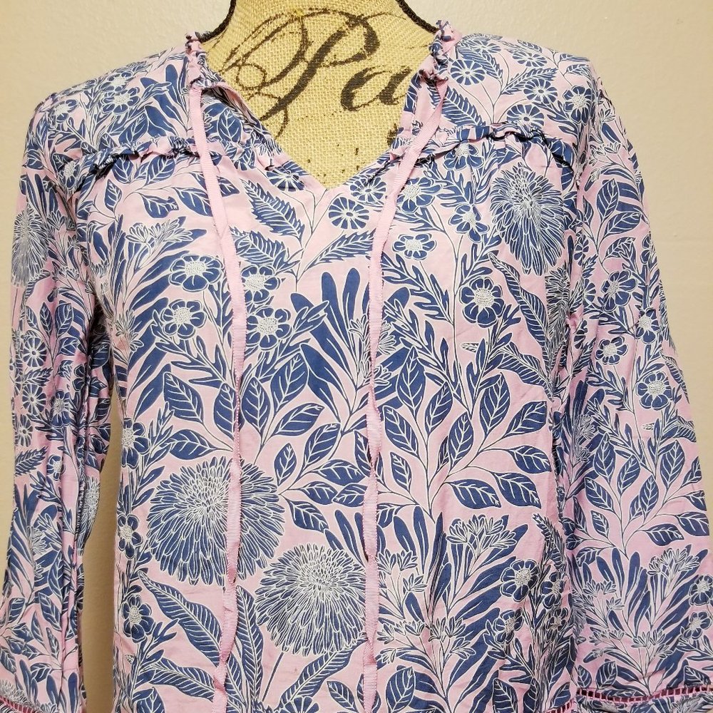 V-neck tie front 3/4 sleeve top blouse silk cotton blend